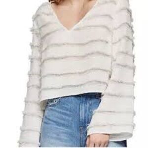 BCBGeneration V-Neck Fringe Striped White Top, Size XS
